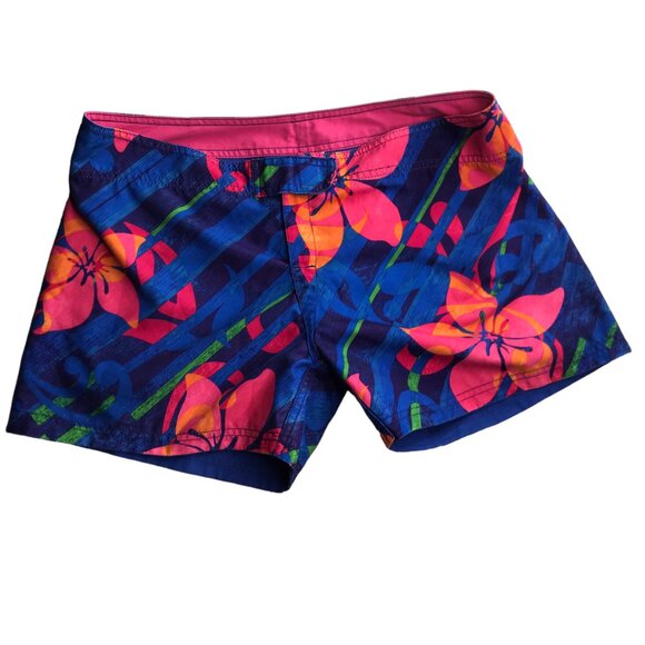 Women's Swim Board Shorts Blue Hawaiian Tropical Print. Size Women's Jrs 11 - Picture 1 of 14